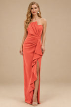 Rutipo Papaya Sheath/Column Strapless Elastic Satin Prom Dresses With Split Front/Cascading Ruffles