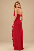 Rutipo Red Sheath/Column Strapless Elastic Satin Prom Dresses With Split Front/Cascading Ruffles