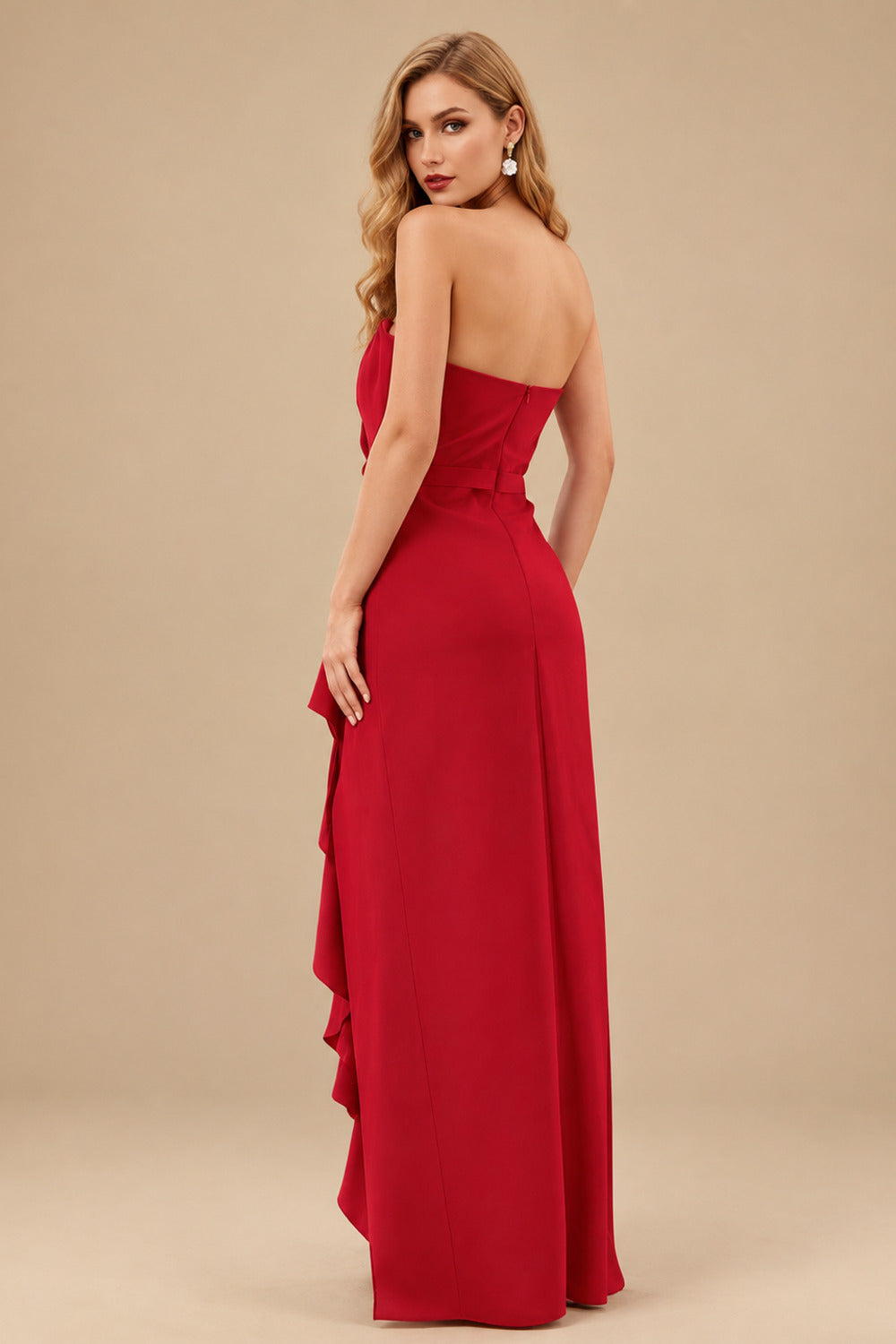 Rutipo Red Sheath/Column Strapless Elastic Satin Prom Dresses With Split Front/Cascading Ruffles