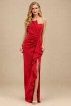 Rutipo Red Sheath/Column Strapless Elastic Satin Prom Dresses With Split Front/Cascading Ruffles