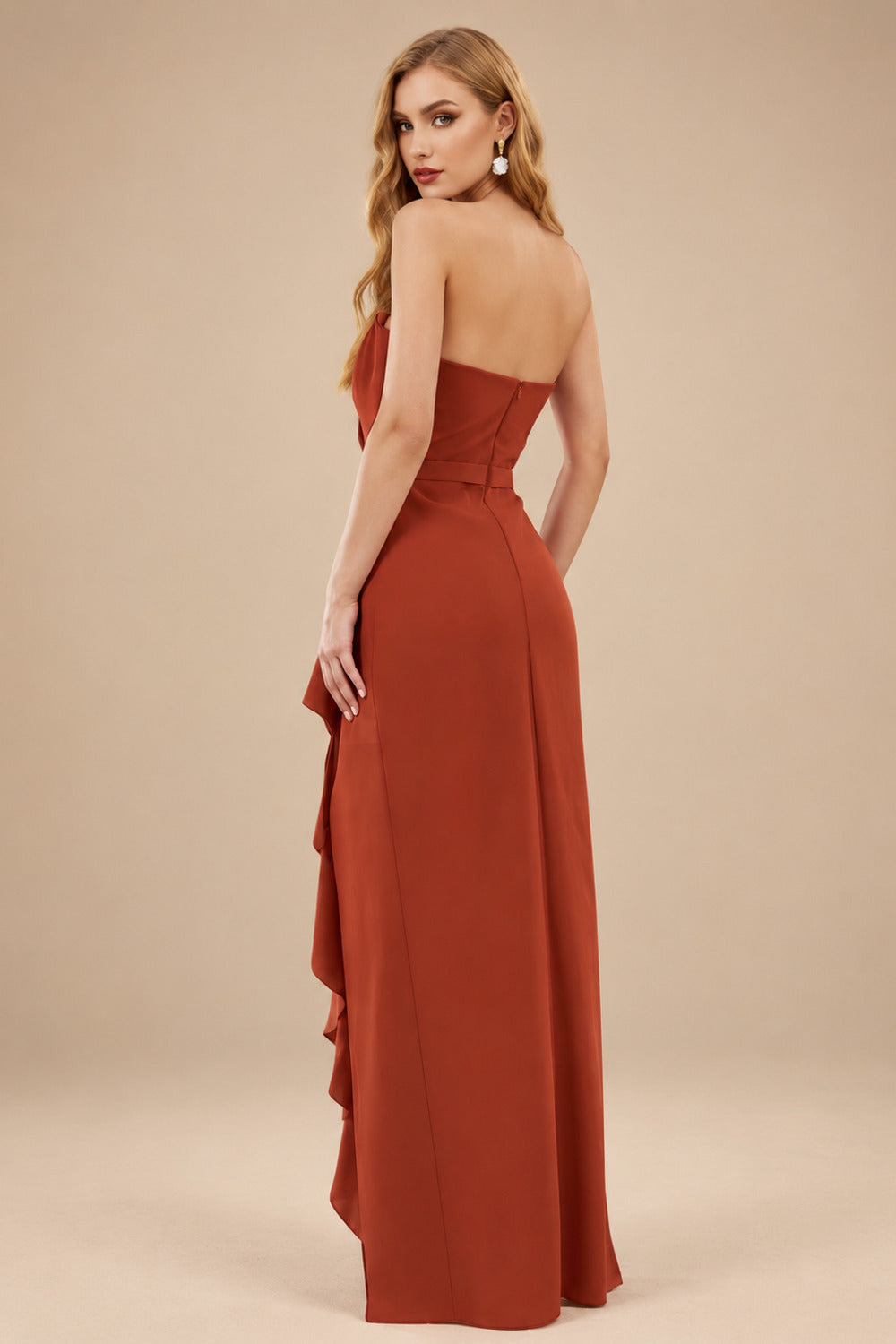 Rutipo Terracotta Sheath/Column Strapless Elastic Satin Prom Dresses With Split Front/Cascading Ruffles