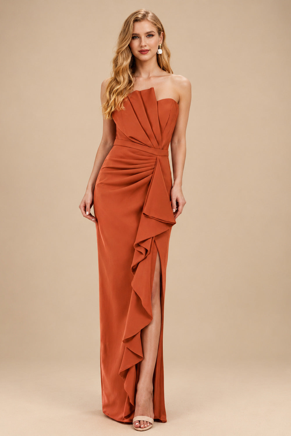 Rutipo Terracotta Sheath/Column Strapless Elastic Satin Prom Dresses With Split Front/Cascading Ruffles