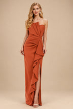 Rutipo Terracotta Sheath/Column Strapless Elastic Satin Prom Dresses With Split Front/Cascading Ruffles