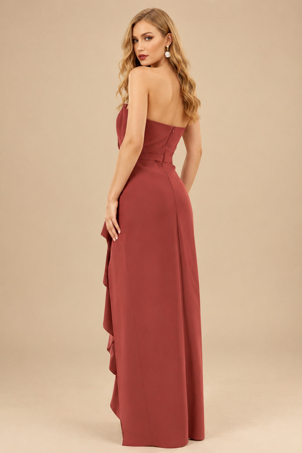 Rutipo Vermilion Sheath/Column Strapless Elastic Satin Prom Dresses With Split Front/Cascading Ruffles