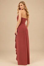 Rutipo Vermilion Sheath/Column Strapless Elastic Satin Prom Dresses With Split Front/Cascading Ruffles