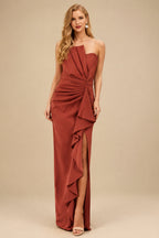 Rutipo Vermilion Sheath/Column Strapless Elastic Satin Prom Dresses With Split Front/Cascading Ruffles