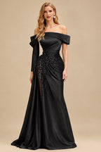 Rutipo Black Sheath/Column Off-The-Shoulder Long Sleeves Sweep Train Satin/Sequined Prom Dresses With Beading/High Split