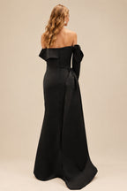 Rutipo Black Sheath/Column Off-The-Shoulder Long Sleeves Sweep Train Satin/Sequined Prom Dresses With Beading/High Split