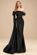 Rutipo Black Sheath/Column Off-The-Shoulder Long Sleeves Sweep Train Satin/Sequined Prom Dresses With Beading/High Split