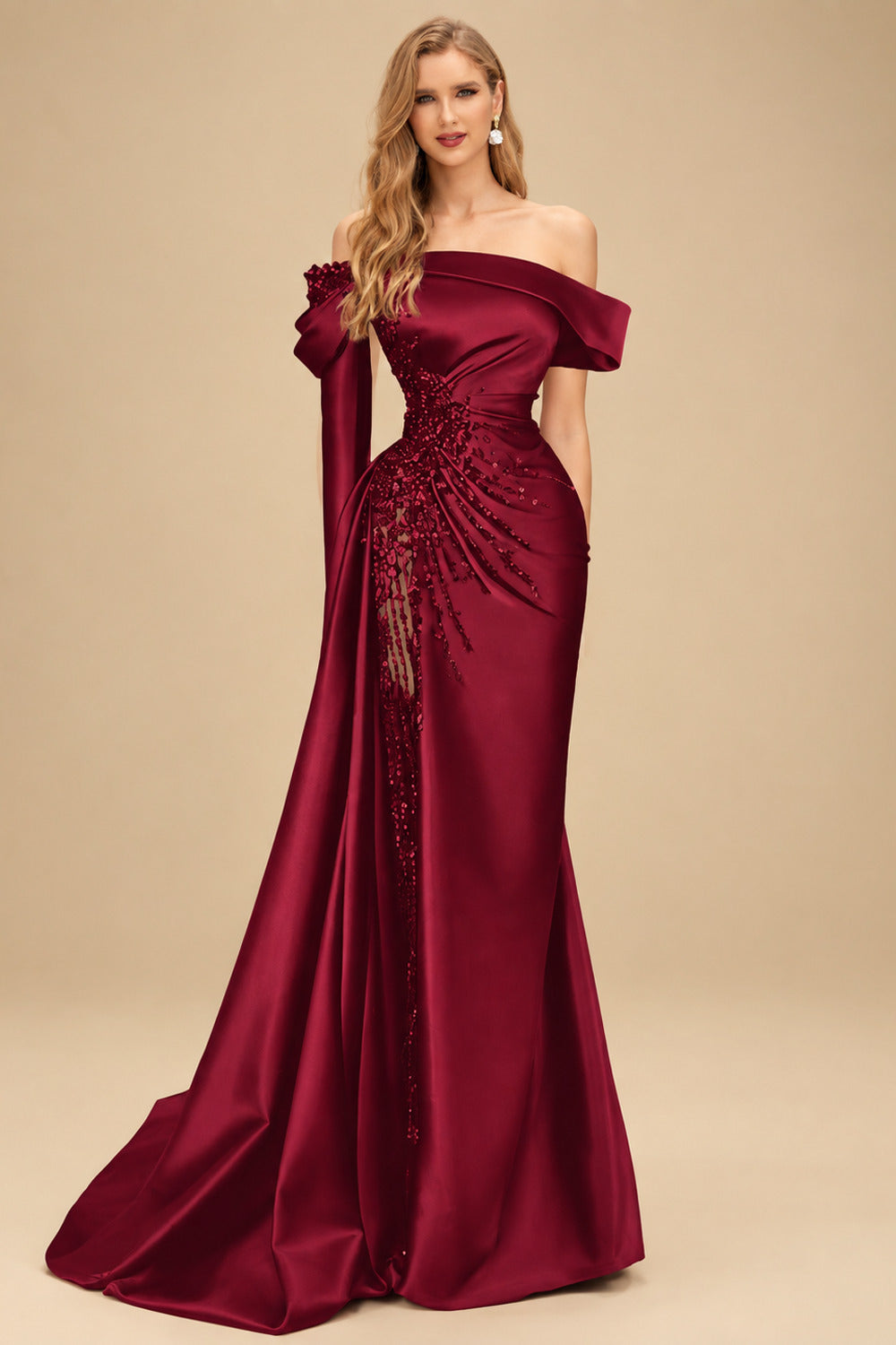 Rutipo Burgundy Sheath/Column Off-The-Shoulder Long Sleeves Sweep Train Satin/Sequined Prom Dresses With Beading/High Split