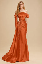 Rutipo Burnt Orange Sheath/Column Off-The-Shoulder Long Sleeves Sweep Train Satin/Sequined Prom Dresses With Beading/High Split