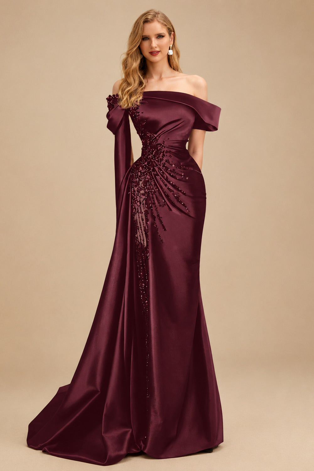 Rutipo Cabernet Sheath/Column Off-The-Shoulder Long Sleeves Sweep Train Satin/Sequined Prom Dresses With Beading/High Split