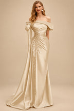 Rutipo Champagne Sheath/Column Off-The-Shoulder Long Sleeves Sweep Train Satin/Sequined Prom Dresses With Beading/High Split