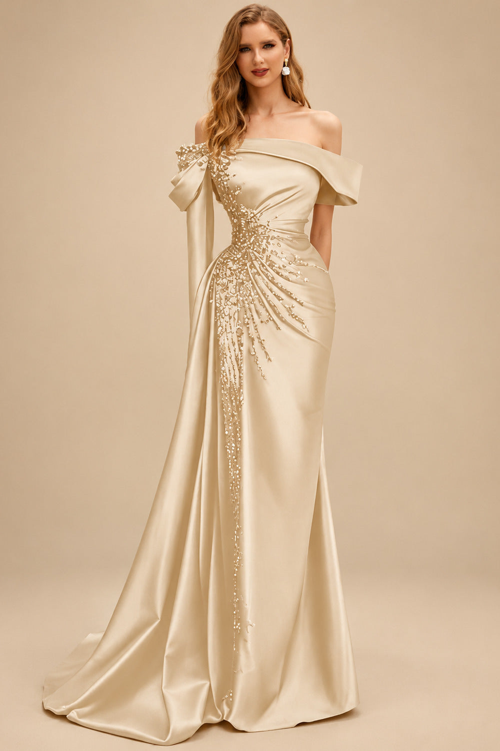 Rutipo Champagne Sheath/Column Off-The-Shoulder Long Sleeves Sweep Train Satin/Sequined Prom Dresses With Beading/High Split