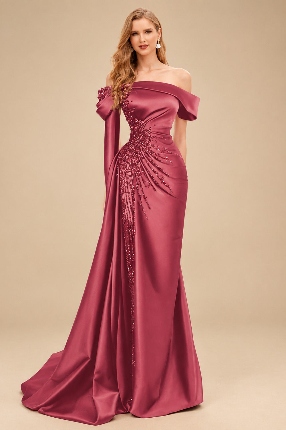 Rutipo Cinnamon Rose Sheath/Column Off-The-Shoulder Long Sleeves Sweep Train Satin/Sequined Prom Dresses With Beading/High Split