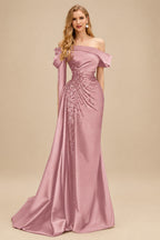 Rutipo Dusty Rose Sheath/Column Off-The-Shoulder Long Sleeves Sweep Train Satin/Sequined Prom Dresses With Beading/High Split