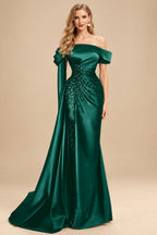 Rutipo Emerald Sheath/Column Off-The-Shoulder Long Sleeves Sweep Train Satin/Sequined Prom Dresses With Beading/High Split