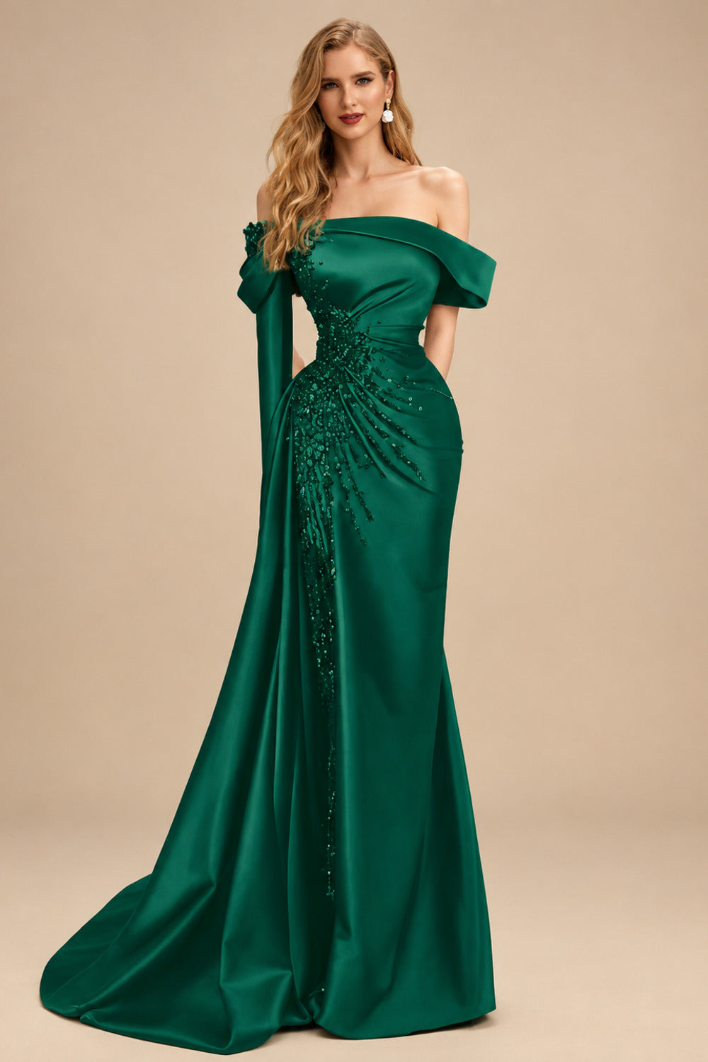 Rutipo Forest Green Sheath/Column Off-The-Shoulder Long Sleeves Sweep Train Satin/Sequined Prom Dresses With Beading/High Split