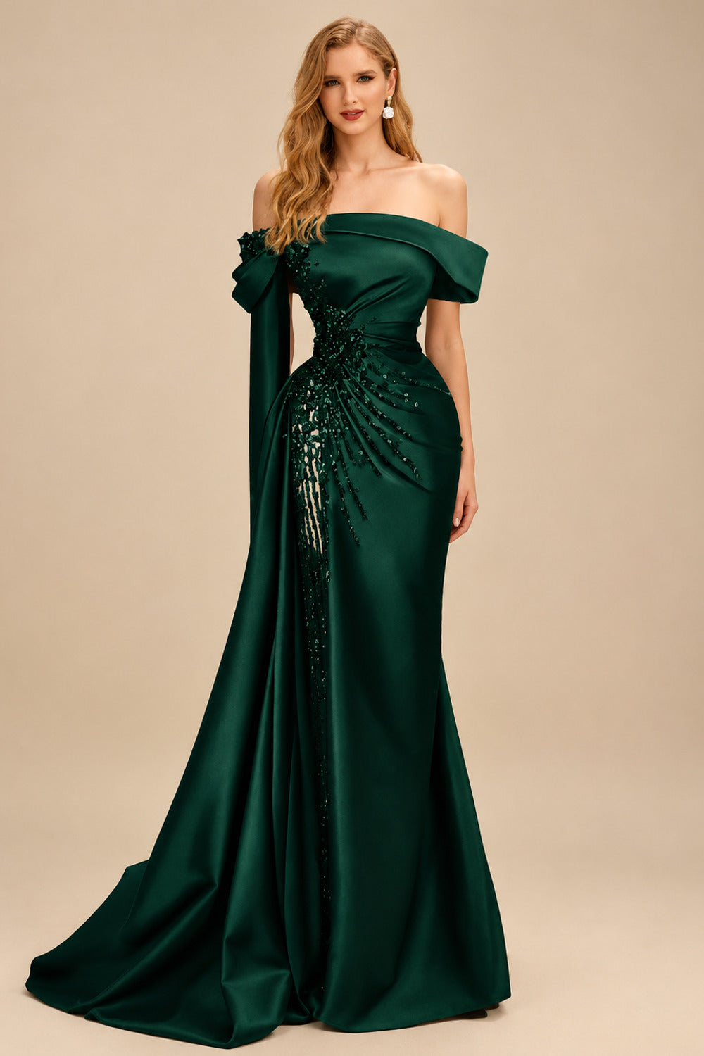 Rutipo Hunter Green Sheath/Column Off-The-Shoulder Long Sleeves Sweep Train Satin/Sequined Prom Dresses With Beading/High Split
