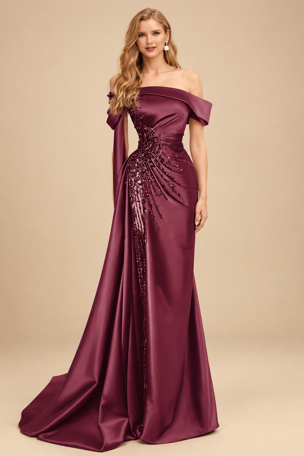 Rutipo Mulberry Sheath/Column Off-The-Shoulder Long Sleeves Sweep Train Satin/Sequined Prom Dresses With Beading/High Split