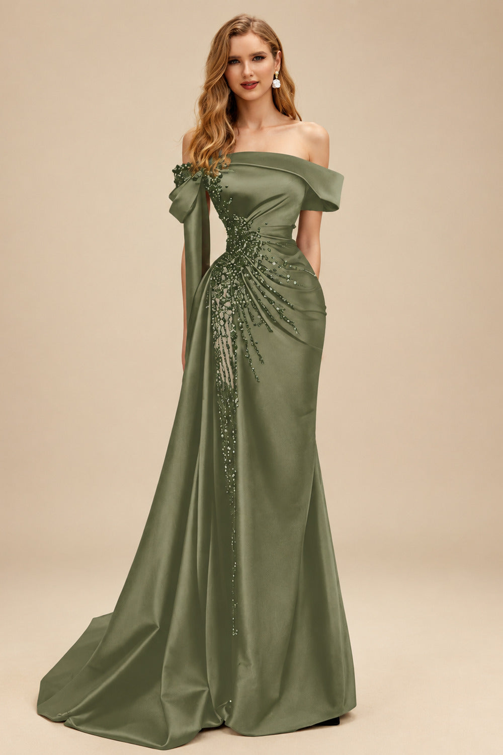 Rutipo Olive Green Sheath/Column Off-The-Shoulder Long Sleeves Sweep Train Satin/Sequined Prom Dresses With Beading/High Split
