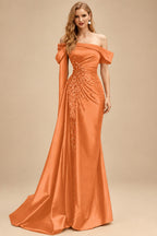 Rutipo Orange Sheath/Column Off-The-Shoulder Long Sleeves Sweep Train Satin/Sequined Prom Dresses With Beading/High Split