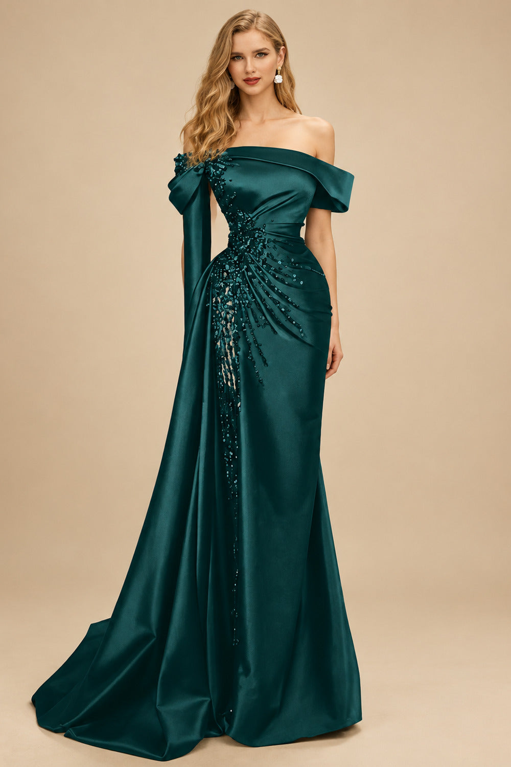 Rutipo Peacock Sheath/Column Off-The-Shoulder Long Sleeves Sweep Train Satin/Sequined Prom Dresses With Beading/High Split