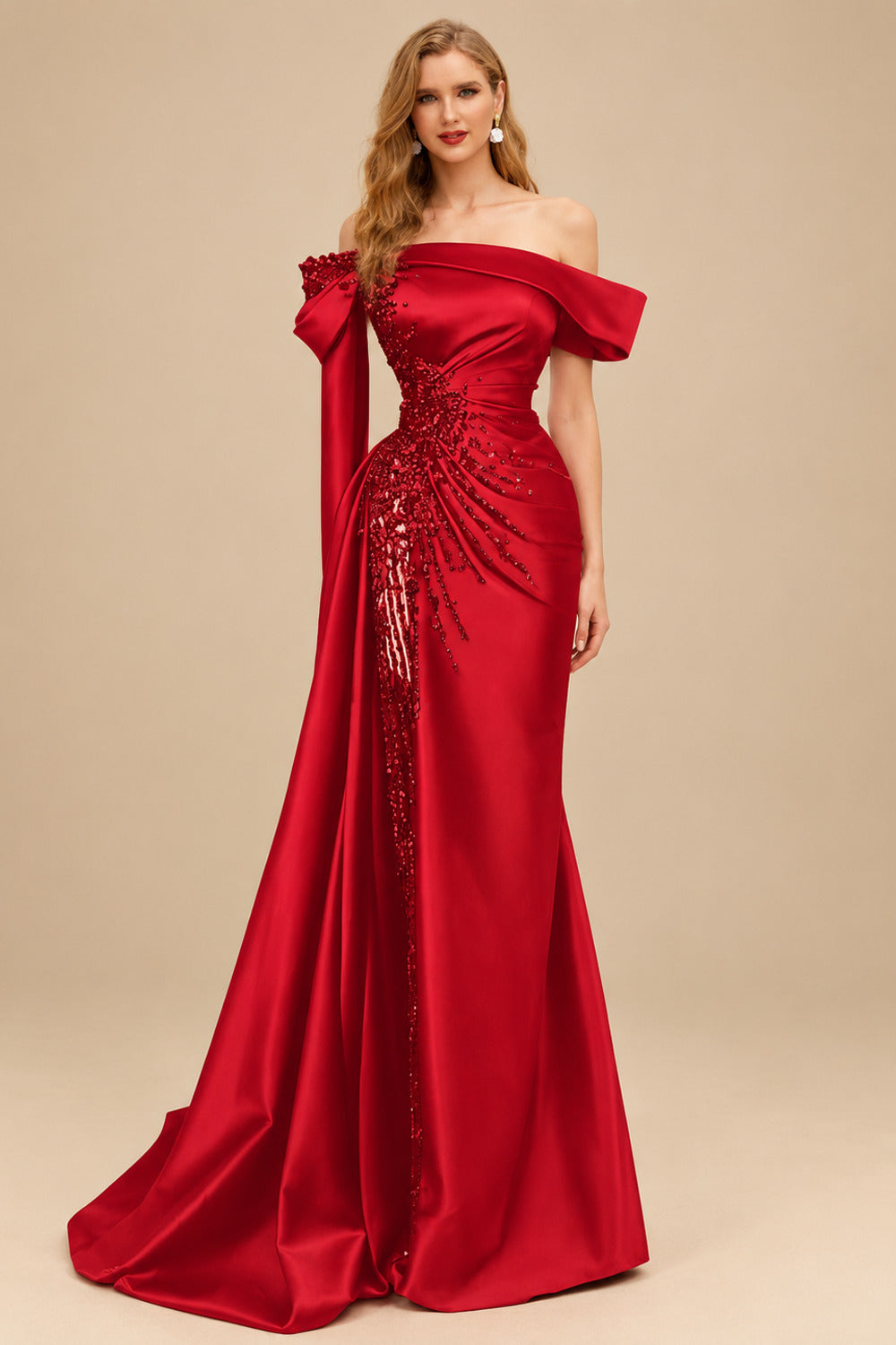 Rutipo Red Sheath/Column Off-The-Shoulder Long Sleeves Sweep Train Satin/Sequined Prom Dresses With Beading/High Split