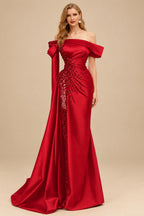 Rutipo Red Sheath/Column Off-The-Shoulder Long Sleeves Sweep Train Satin/Sequined Prom Dresses With Beading/High Split