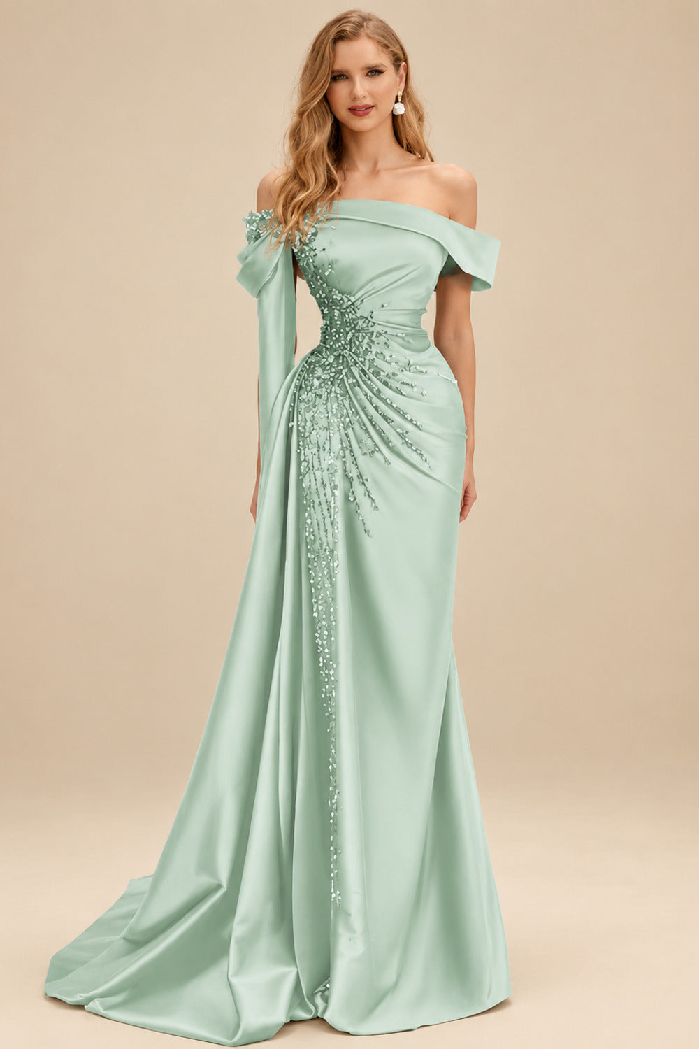 Rutipo Sage Green Sheath/Column Off-The-Shoulder Long Sleeves Sweep Train Satin/Sequined Prom Dresses With Beading/High Split