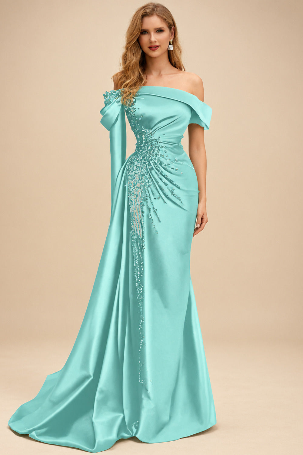 Rutipo Spa Sheath/Column Off-The-Shoulder Long Sleeves Sweep Train Satin/Sequined Prom Dresses With Beading/High Split