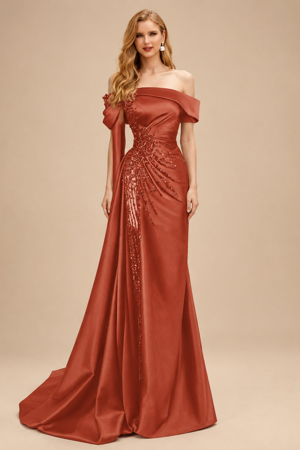 Rutipo Vermilion Sheath/Column Off-The-Shoulder Long Sleeves Sweep Train Satin/Sequined Prom Dresses With Beading/High Split