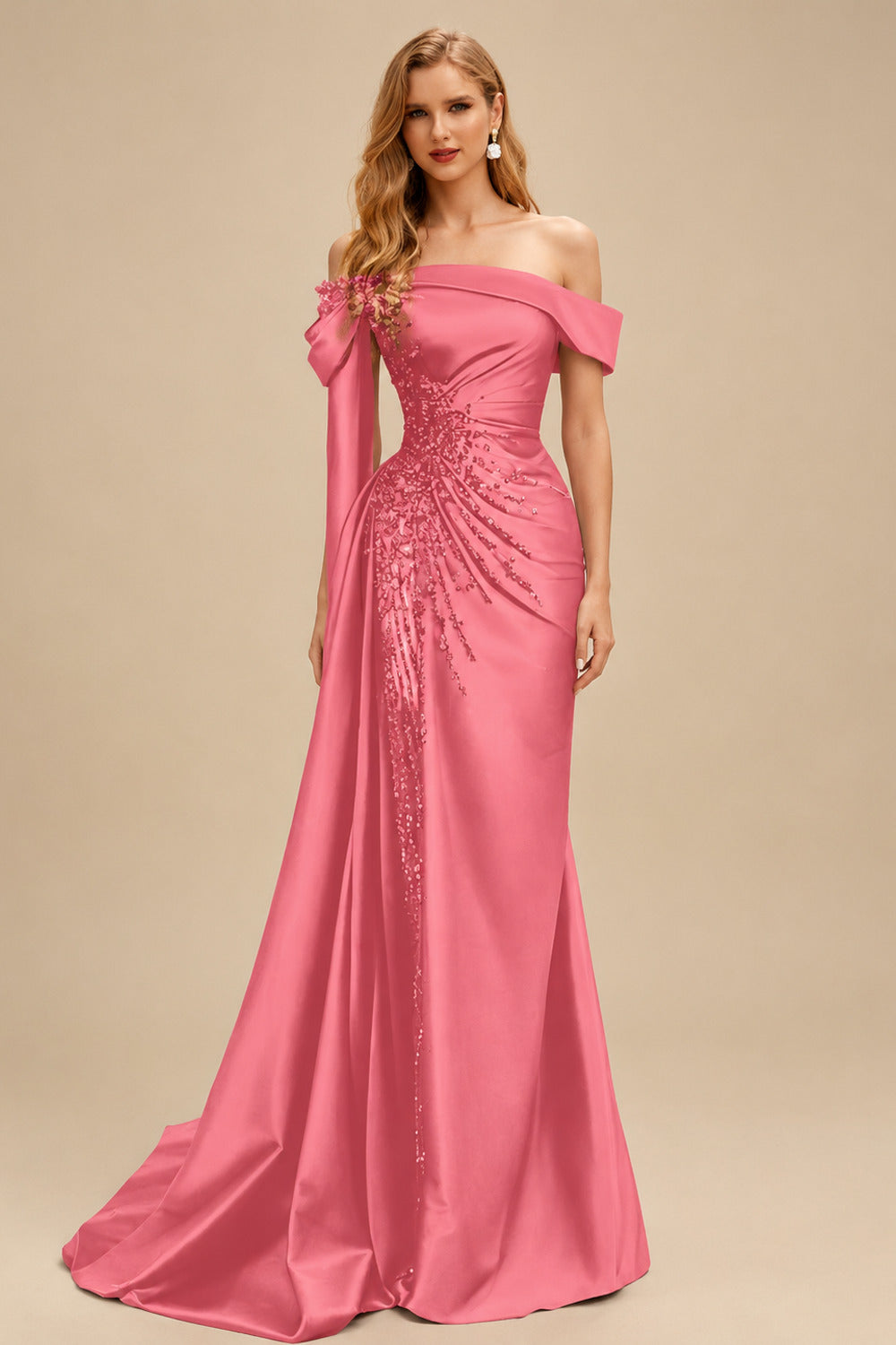 Rutipo Watermelon Sheath/Column Off-The-Shoulder Long Sleeves Sweep Train Satin/Sequined Prom Dresses With Beading/High Split
