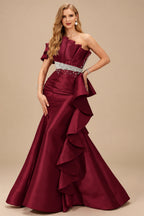 Rutipo Burgundy A-Line One-Shoulder Sleeveless Floor-Length Satin Prom Dresses With Ruffle