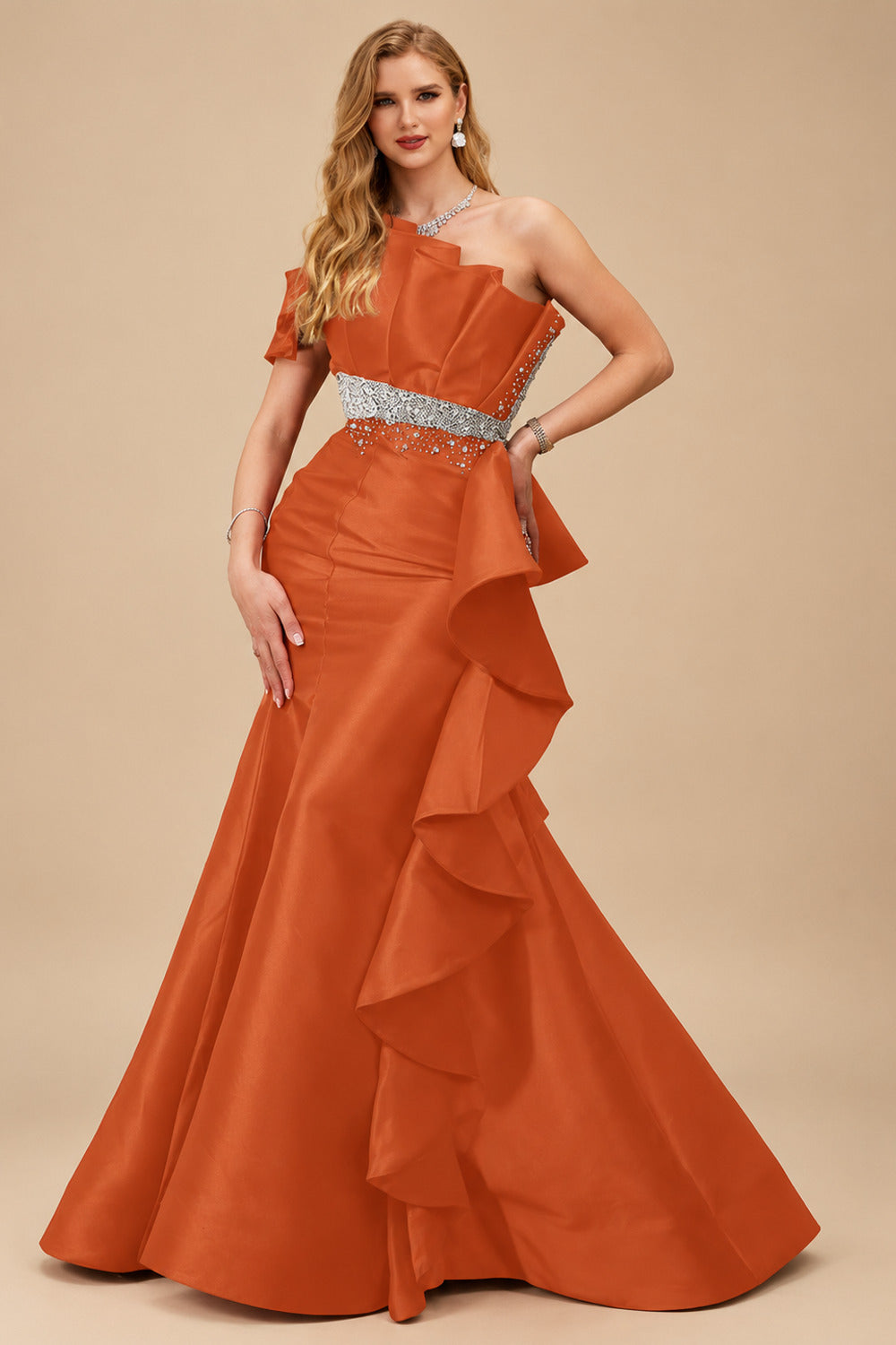 Rutipo Burnt Orange A-Line One-Shoulder Sleeveless Floor-Length Satin Prom Dresses With Ruffle