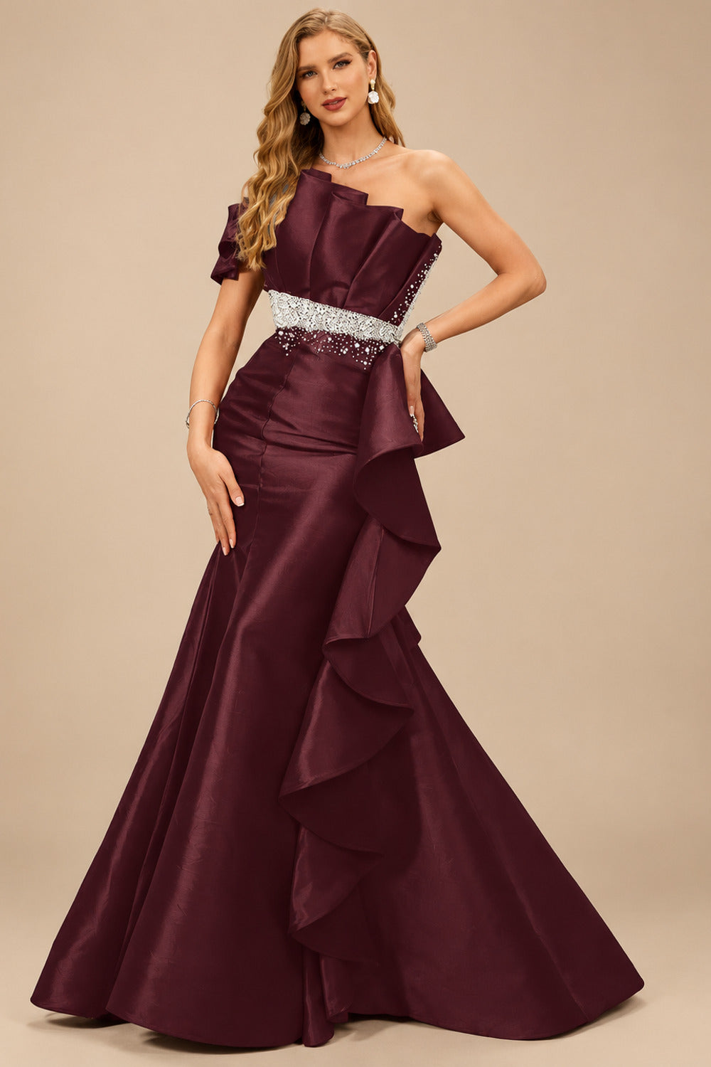 Rutipo Cabernet A-Line One-Shoulder Sleeveless Floor-Length Satin Prom Dresses With Ruffle