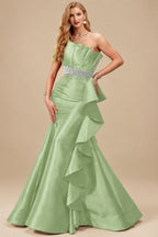 Rutipo Celadon A-Line One-Shoulder Sleeveless Floor-Length Satin Prom Dresses With Ruffle