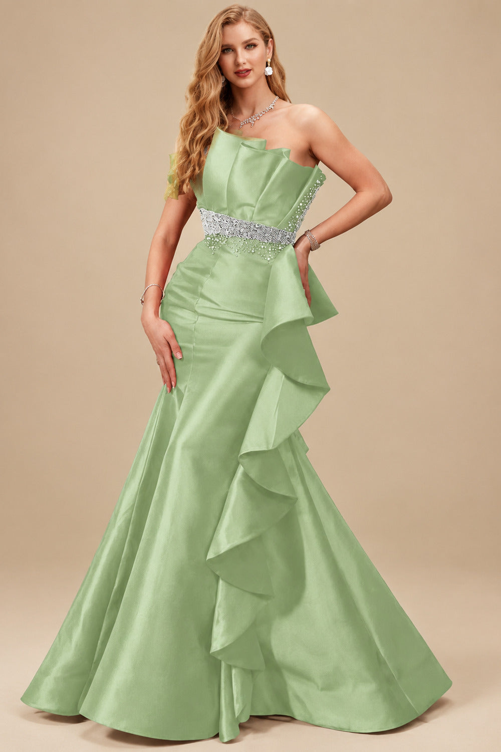 Rutipo Celadon A-Line One-Shoulder Sleeveless Floor-Length Satin Prom Dresses With Ruffle