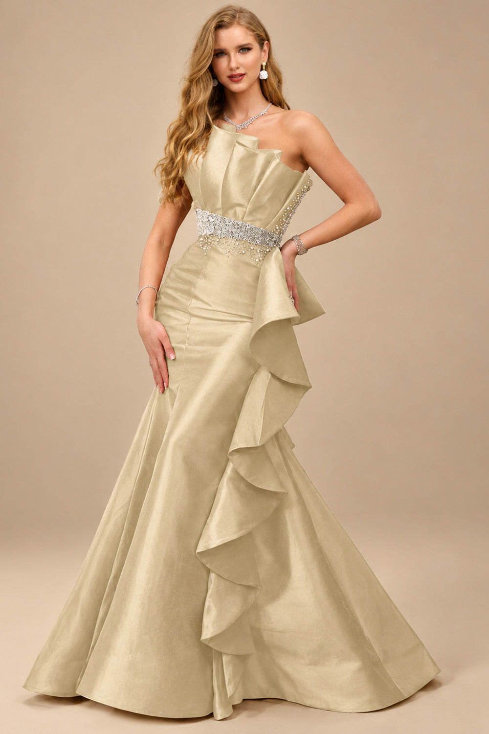 Rutipo Champagne A-Line One-Shoulder Sleeveless Floor-Length Satin Prom Dresses With Ruffle
