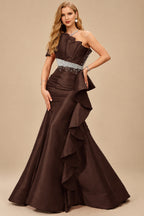 Rutipo Chocolate A-Line One-Shoulder Sleeveless Floor-Length Satin Prom Dresses With Ruffle