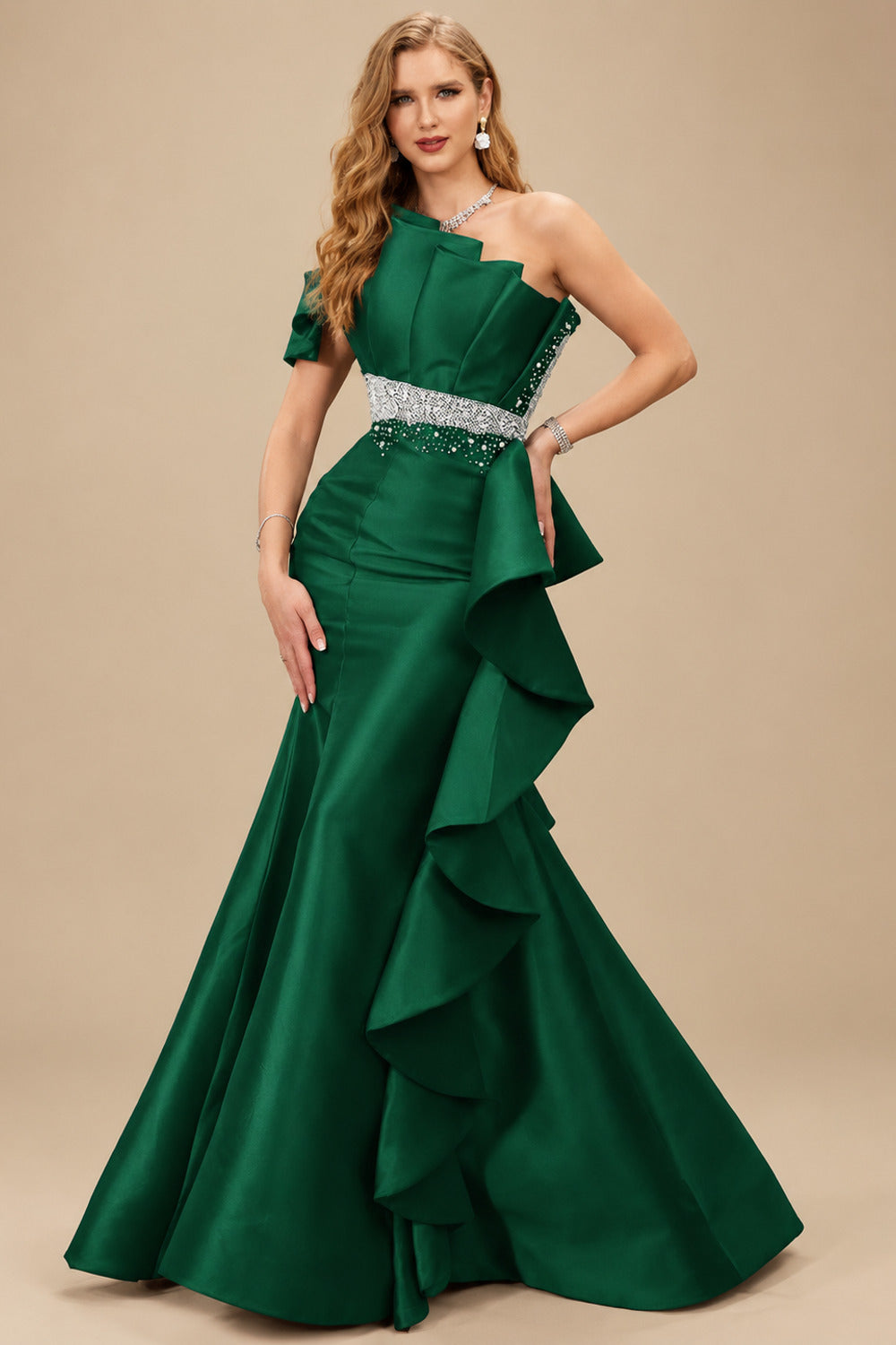 Rutipo Dark Green A-Line One-Shoulder Sleeveless Floor-Length Satin Prom Dresses With Ruffle