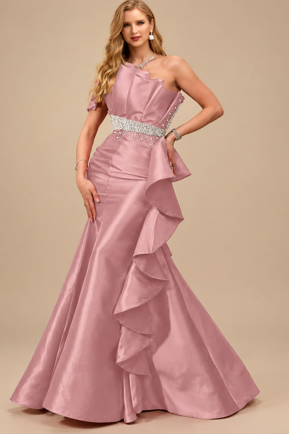Rutipo Dusty Rose A-Line One-Shoulder Sleeveless Floor-Length Satin Prom Dresses With Ruffle