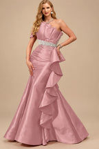 Rutipo Dusty Rose A-Line One-Shoulder Sleeveless Floor-Length Satin Prom Dresses With Ruffle
