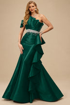 Rutipo Emerald A-Line One-Shoulder Sleeveless Floor-Length Satin Prom Dresses With Ruffle