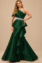 Rutipo Hunter Green A-Line One-Shoulder Sleeveless Floor-Length Satin Prom Dresses With Ruffle