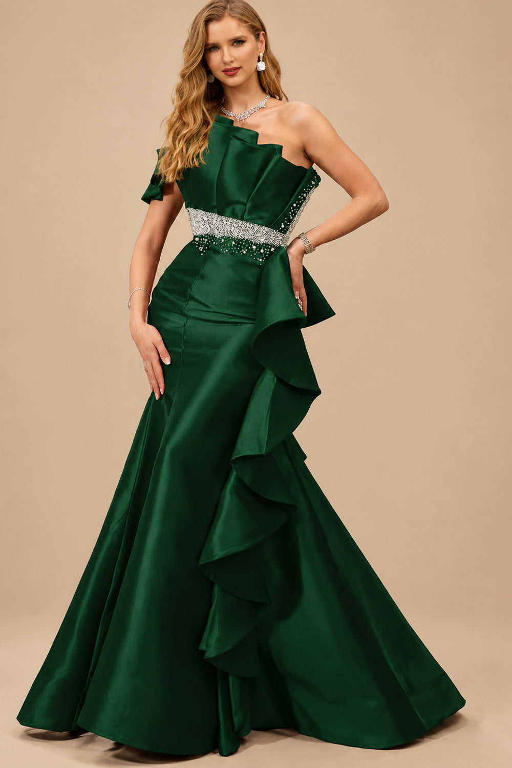 Rutipo Hunter Green A-Line One-Shoulder Sleeveless Floor-Length Satin Prom Dresses With Ruffle