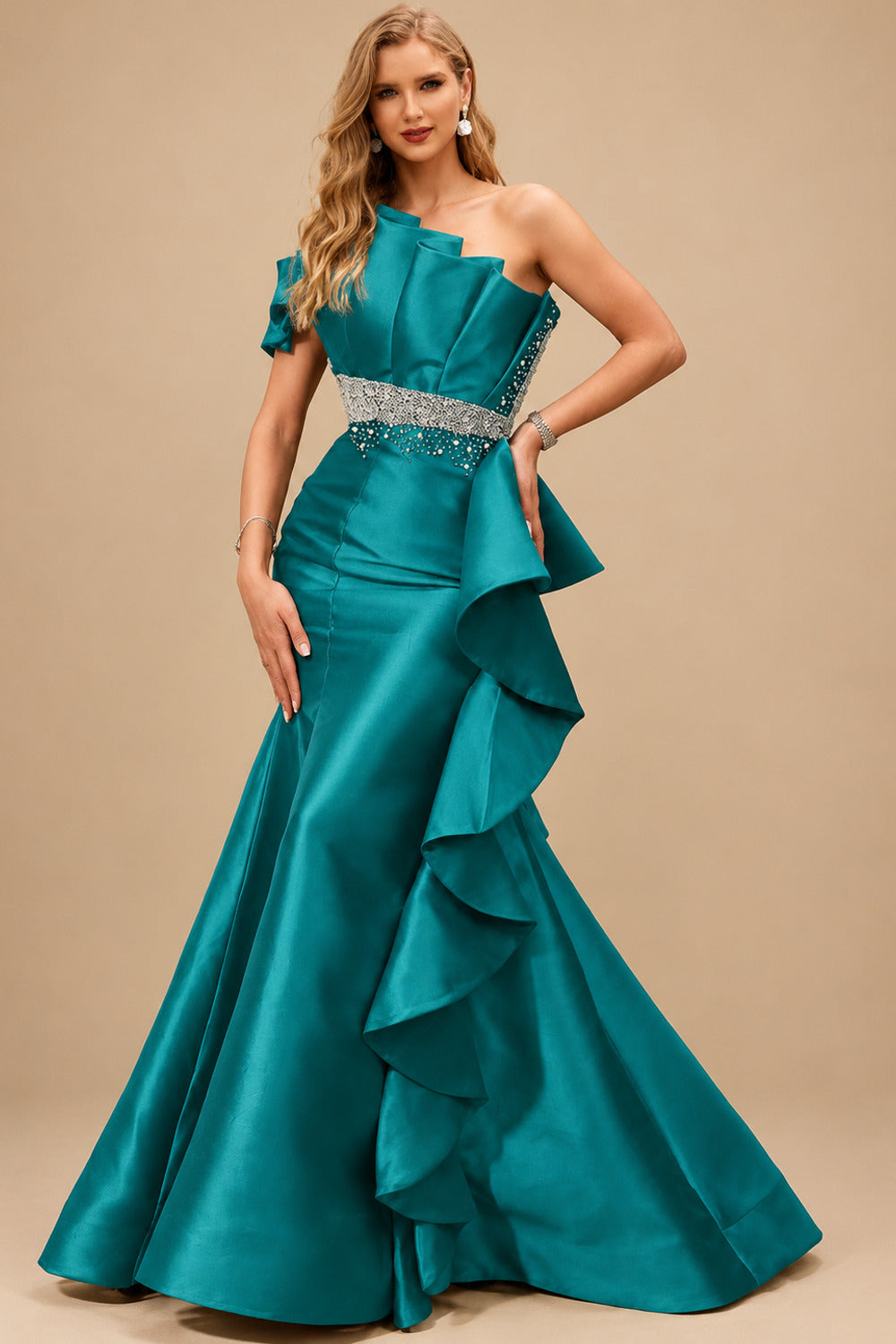 Rutipo Jade A-Line One-Shoulder Sleeveless Floor-Length Satin Prom Dresses With Ruffle
