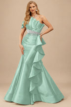 Rutipo Mint Green A-Line One-Shoulder Sleeveless Floor-Length Satin Prom Dresses With Ruffle