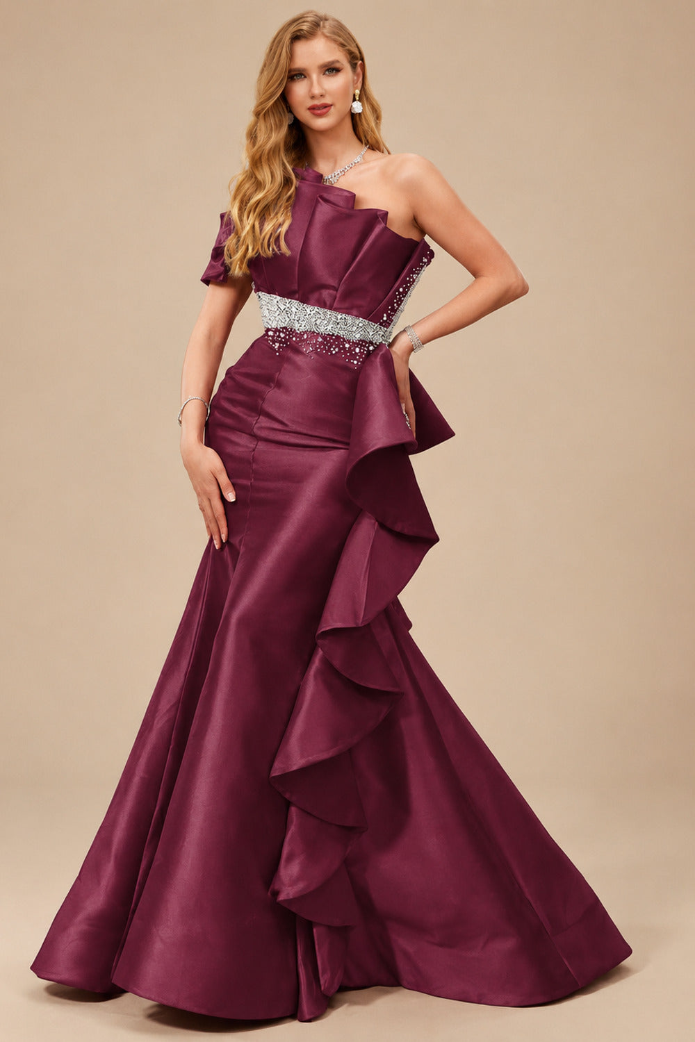 Rutipo Mulberry A-Line One-Shoulder Sleeveless Floor-Length Satin Prom Dresses With Ruffle
