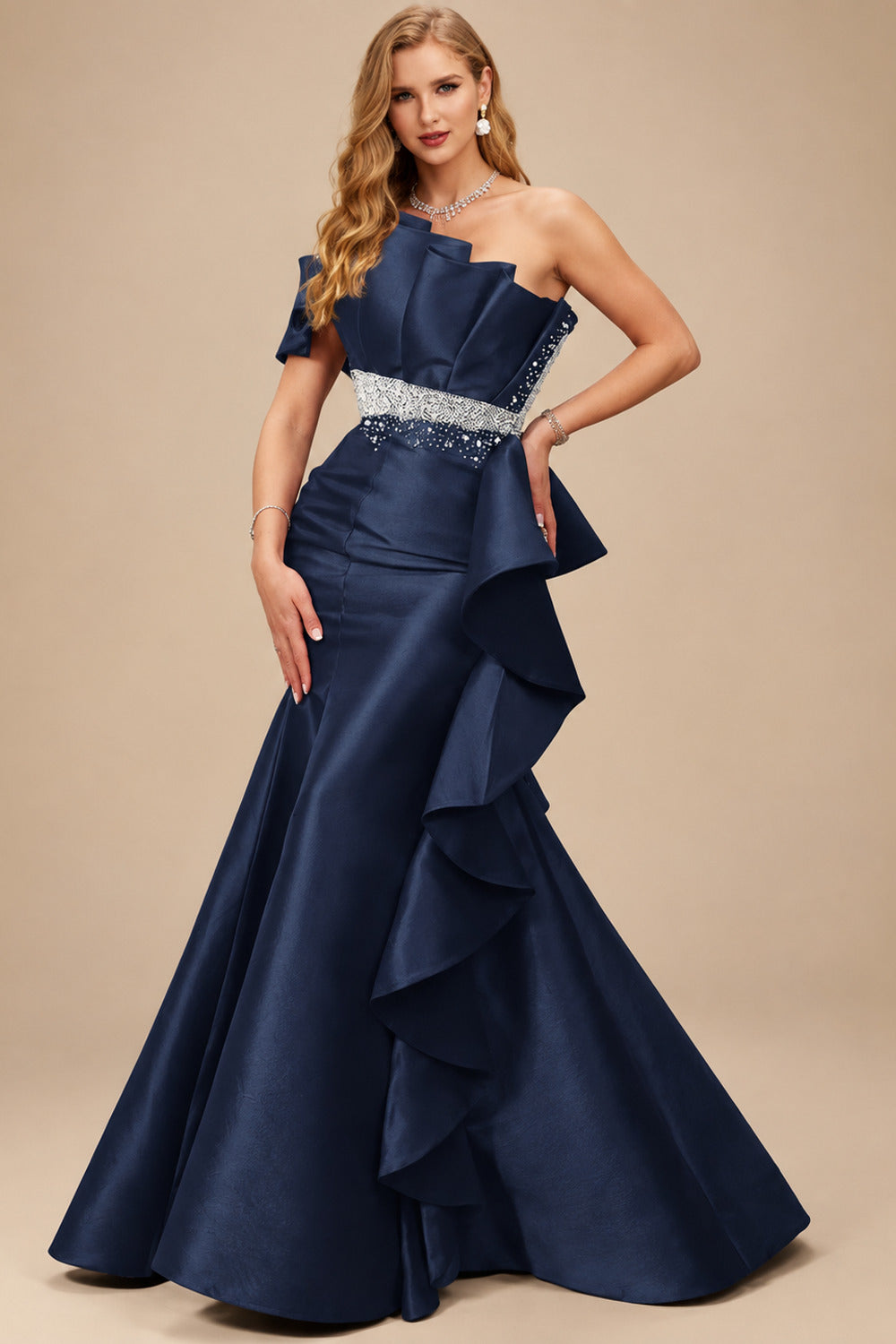 Rutipo Navy Blue A-Line One-Shoulder Sleeveless Floor-Length Satin Prom Dresses With Ruffle